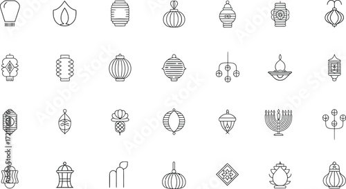 Elegant lantern collection for festive designs, creating warm inviting atmosphere, ideal for holiday promotions and cultural event themes, vector art