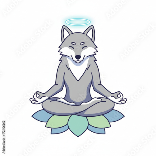 Enlightened grey wolf with a halo in a lotus position, practicing yoga and meditation for spiritual balance and inner peace