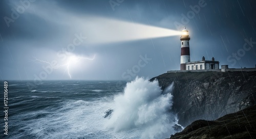 Illuminating fortitude lighthouse beacon casts light amidst stormy seaside spectacle seascape