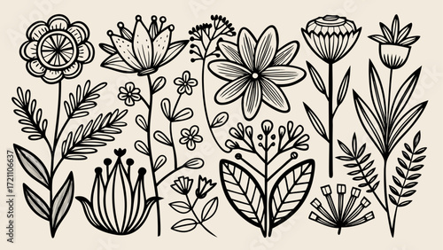Simple black line drawings of various flowers and plants, graceful organic forms, versatile minimalist aesthetics, perfect for elegant branding, invitations, or creative projects needing refined 