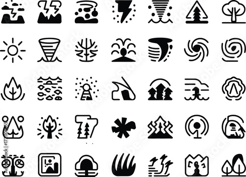 Dynamic weather icons set for disaster preparedness and environmental awareness, originally vector graphics, perfect for apps, websites, and infographics