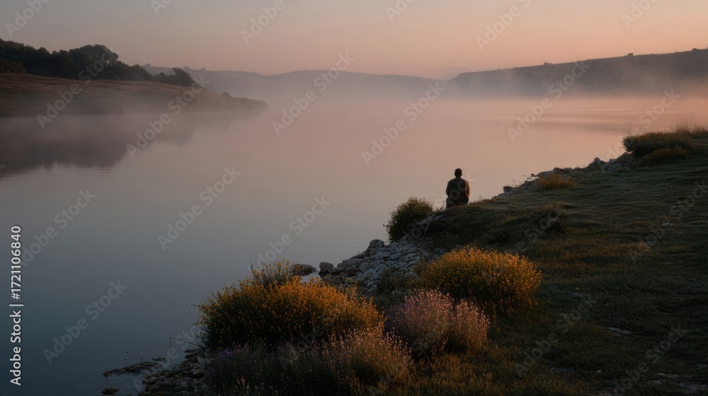 Obraz premium Misty dawn embraces a solitary silhouette by a tranquil lake, capturing the enigmatic whispers of Higan and hygge