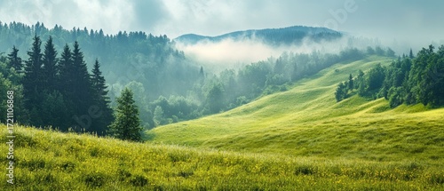 Misty mountain valley with rolling green hills and dark evergreen trees