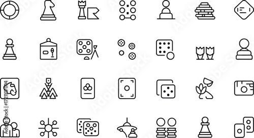Playful line art icons illustrating games, strategy, and luck for modern designs, perfect for game developers and designers needing a clean, versatile style