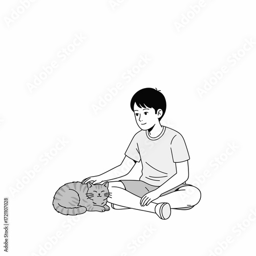 A clean minimalist vector illustration of a person petting a cat.