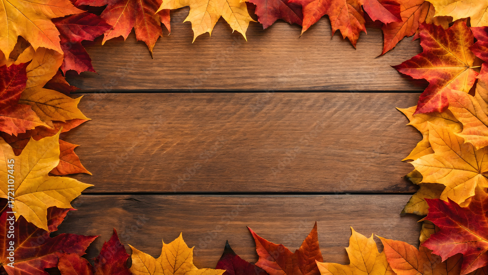 Obraz premium Colorful autumn leaves framing a wooden surface in a cozy setting
