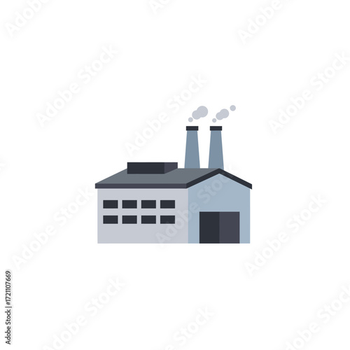 Industrial factory building emitting smoke from twin chimneys, representing manufacturing, air pollution, and environmental concerns