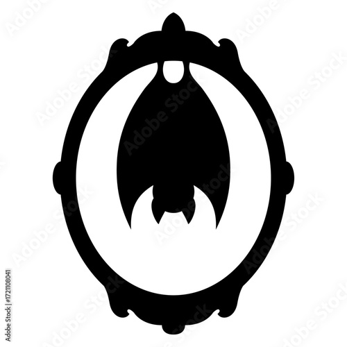 Logo con silueta de marco ovalado de espejo decorativo con murciélago colgando para tarjetas y felicitaciones de Halloween
