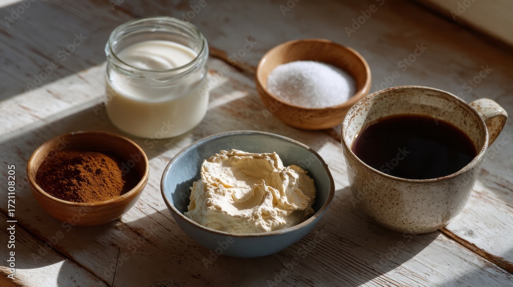 Fototapeta premium Morning sun bathes rustic coffee ritual, creamy delight whispers Hygge intent, invoking World Cappuccino Day and cozy beginnings