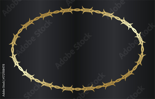 Golden Barbed Wire Oval Frame on Dark Background.