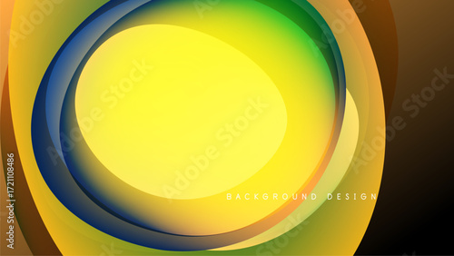Abstract concentric circles. Vibrant yellow, green, orange, blue hues blend smoothly. Dark background emphasizes bright layers. Modern design element.