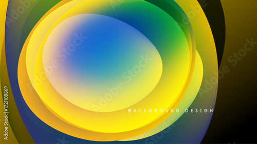 Abstract vibrant layers create flowing oval shapes. Yellow, green, blue hues blend against dark background. Modern design element.