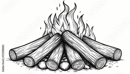 Campfire Illustration A Detailed Black and White Drawing of a Burning Bonfire with Firewood