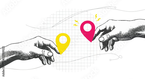 Two hands reaching towards each other with yellow and pink location pin icons, symbolizing connection and digital mapping.