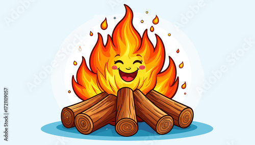 Adorable Cartoon Campfire A Happy Blaze with a Smiling Face and Burning Embers