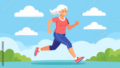 Active Senior Woman Enjoying a Run Outdoors on a Sunny Day - Healthy Lifestyle Concept