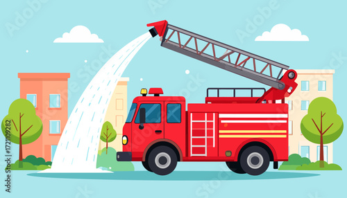 Fire Engine in Action A Vector Illustration of a Firetruck Sprinkling Water with an Extended Ladder