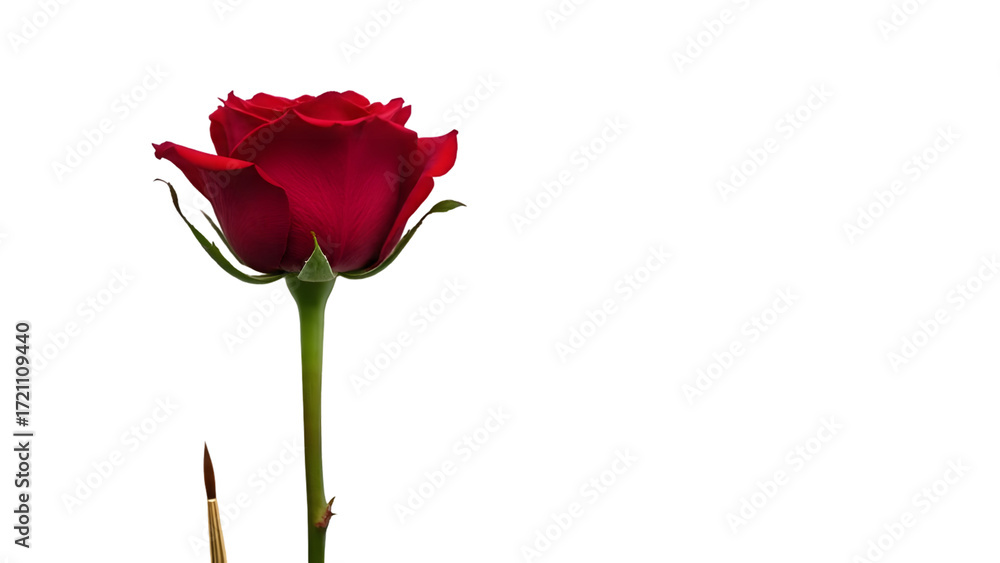 Obraz premium Creative Flat Lay Composition of Red Roses and Paint Brush Isolated on White Background