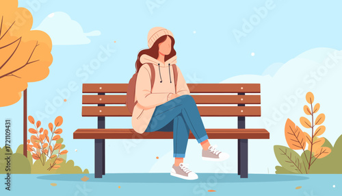Young Woman Relaxing on a Bench in a Park on a Sunny Autumn Day