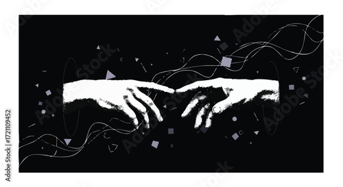 Artistic depiction of two hands almost touching, representing connection and creation against a dark background.