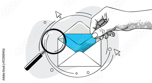 Illustration of a hand placing a blue envelope into a white envelope, with a magnifying glass nearby, suggesting email analysis or inspection.