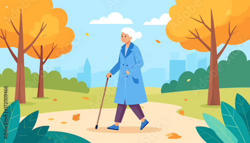 Elderly Woman Strolling Through Autumn Park with Walking Stick, Serene Outdoors Scene