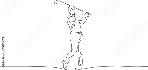 A man in the finishing position of a golf swing. The design is abstract and minimalist, giving the impression of being drawn with a single stroke of a pen.