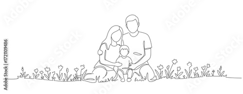 Parents are shown sitting on the grass, with their children nestled close to them. The design is abstract and minimalist, giving the impression of being drawn with a single stroke of a pen.