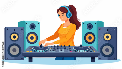 Female DJ Entertaining with Turntables, Speakers, and Headphones A Flat Vector Illustration