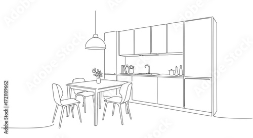 A dining table, four chairs, and a modern kitchen unit. The design is extremely simple, resembling a minimalist illustration drawn with a single stroke of a pen.