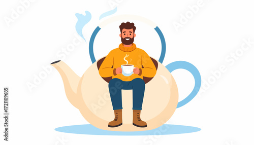 Cozy man enjoying tea inside a teapot A relaxing and comforting illustration