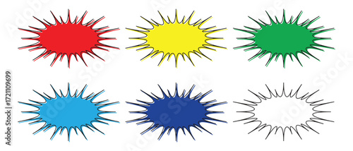 Six colorful, spiky, oval shapes, representing primary and secondary colors.