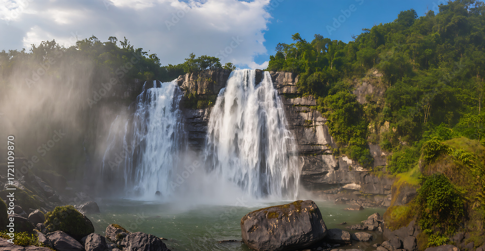 Fototapeta premium Waterfall in nature. Majestic waterfall with mist. Beautiful flowing water landscape.