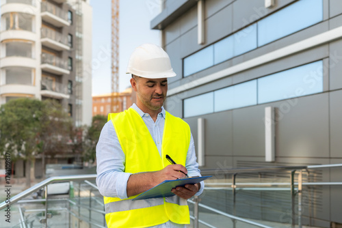 Male Supervisor in hardhat and reflective vest taking notes on clipboard during building inspection