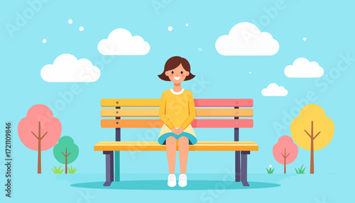Cheerful cartoon girl sitting on a park bench on a beautiful sunny day, enjoying nature