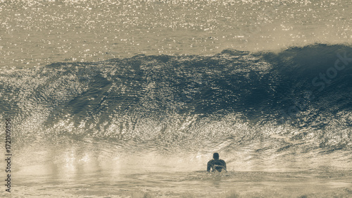Surfer Wave Push Under Vintage Sepia Behind Action