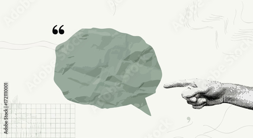 A minimalist graphic illustration featuring a crumpled green speech bubble with a quotation mark, being pointed at by a grayscale hand, set against a light, textured background.