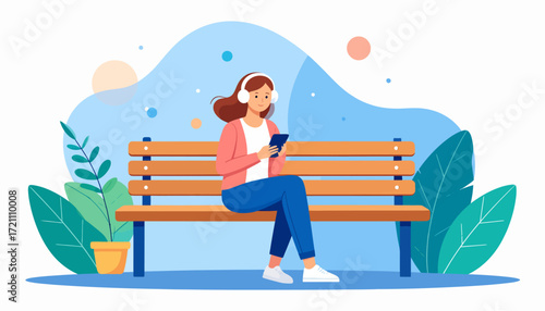 Relaxing Woman on a Bench Listening to Music with Headphones and a Smartphone on a Sunny Day