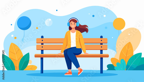 Woman Enjoying Music on a Park Bench A Relaxing Vector Illustration in a Modern Style