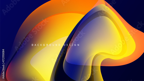 Abstract fluid shapes, vibrant colors blend. Orange, yellow, blue gradients create dynamic composition. Modern design element.