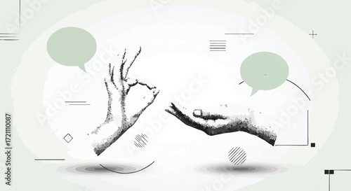 Two hands communicate concepts with expressive gestures and subtle graphic elements, conveying ideas and understanding in a modern artistic style.