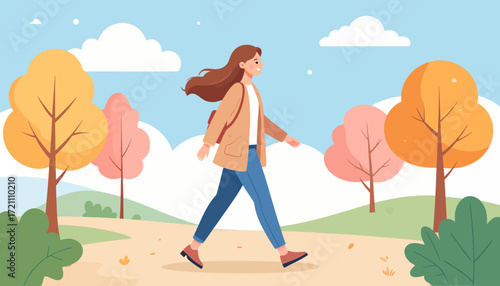 Young Woman Strolling Confidently Through a Scenic Autumn Landscape in Casual Attire