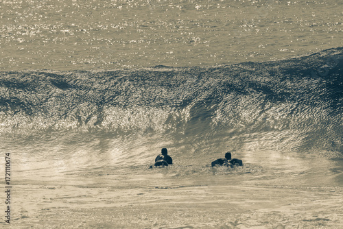 Surfers Wave Push Under Vintage