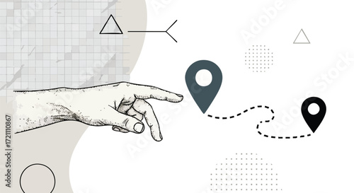 Strategic hand points toward destination, visualizing journey planning and decision-making in modern business concepts
