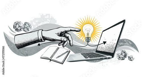 Conceptual illustration of the creative process, with a hand moving from a notebook to a laptop, sparking a bright idea lightbulb.