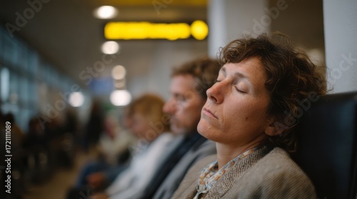 Sleeping traveler dreams amid bustling airport terminal, evoking Jet Lag Day chaos and Quiet Complacency Festival, serene Caucasian woman