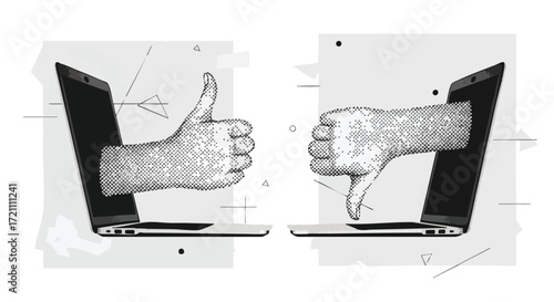Digital feedback comparison thumbs up and thumbs down emerging from laptops in modern graphic design