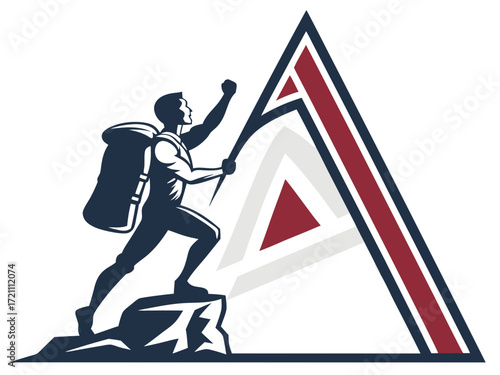 Silhouette of a climber reaching the mountain apex.