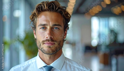 Portrait of a Man with Light Blue Eyes and Short Brown Hair