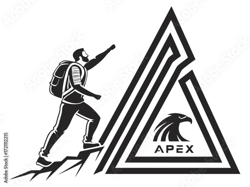 Silhouette of a climber reaching the mountain apex.